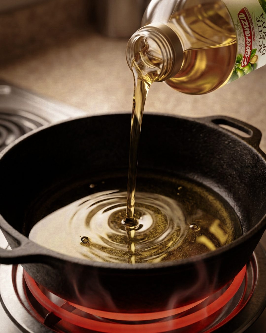 Aceite de Soya Refinado Esperanza vertido en un caldero de hierro caliente