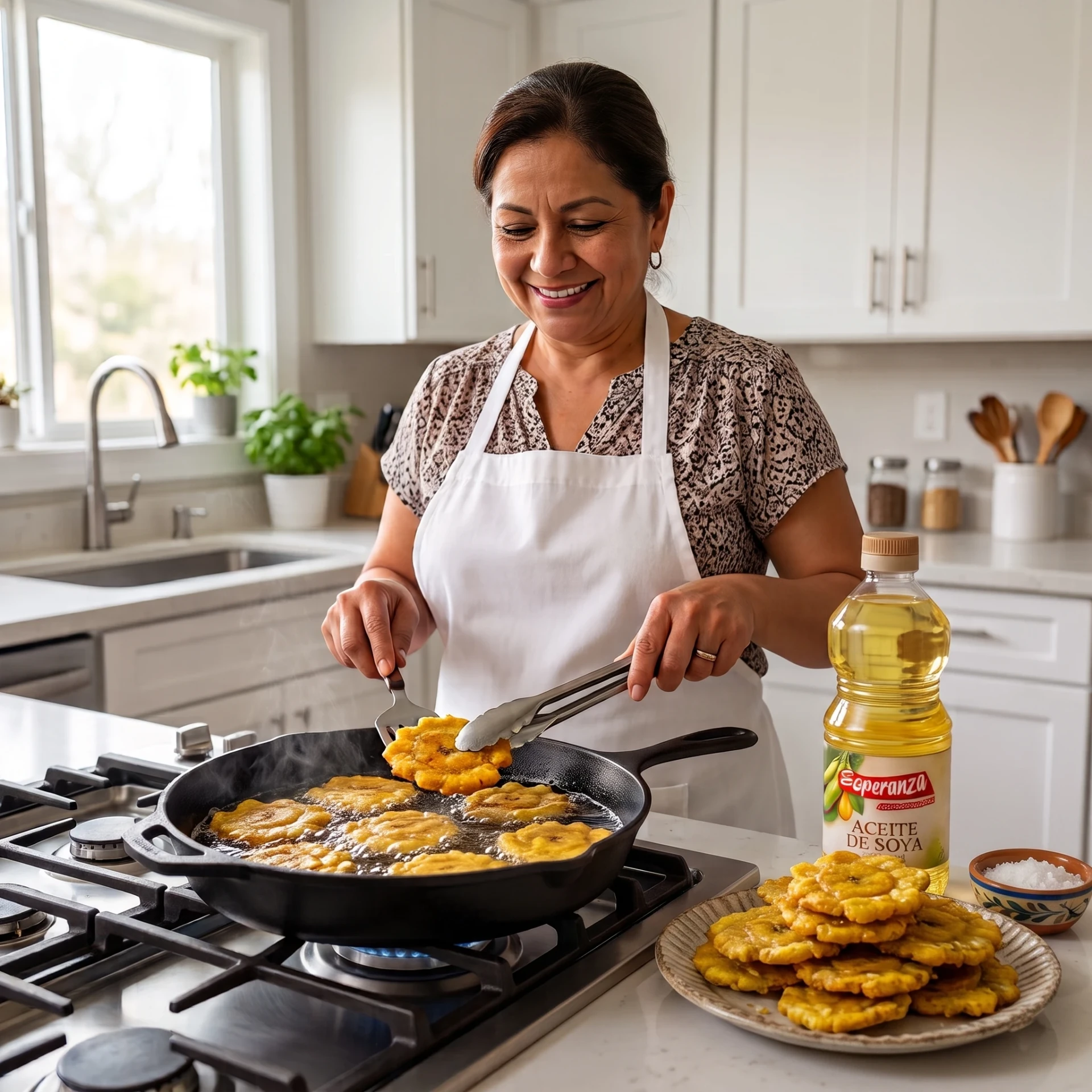 Mujer preparando tostones en casa con Aceite de Soya Refinado Esperanza