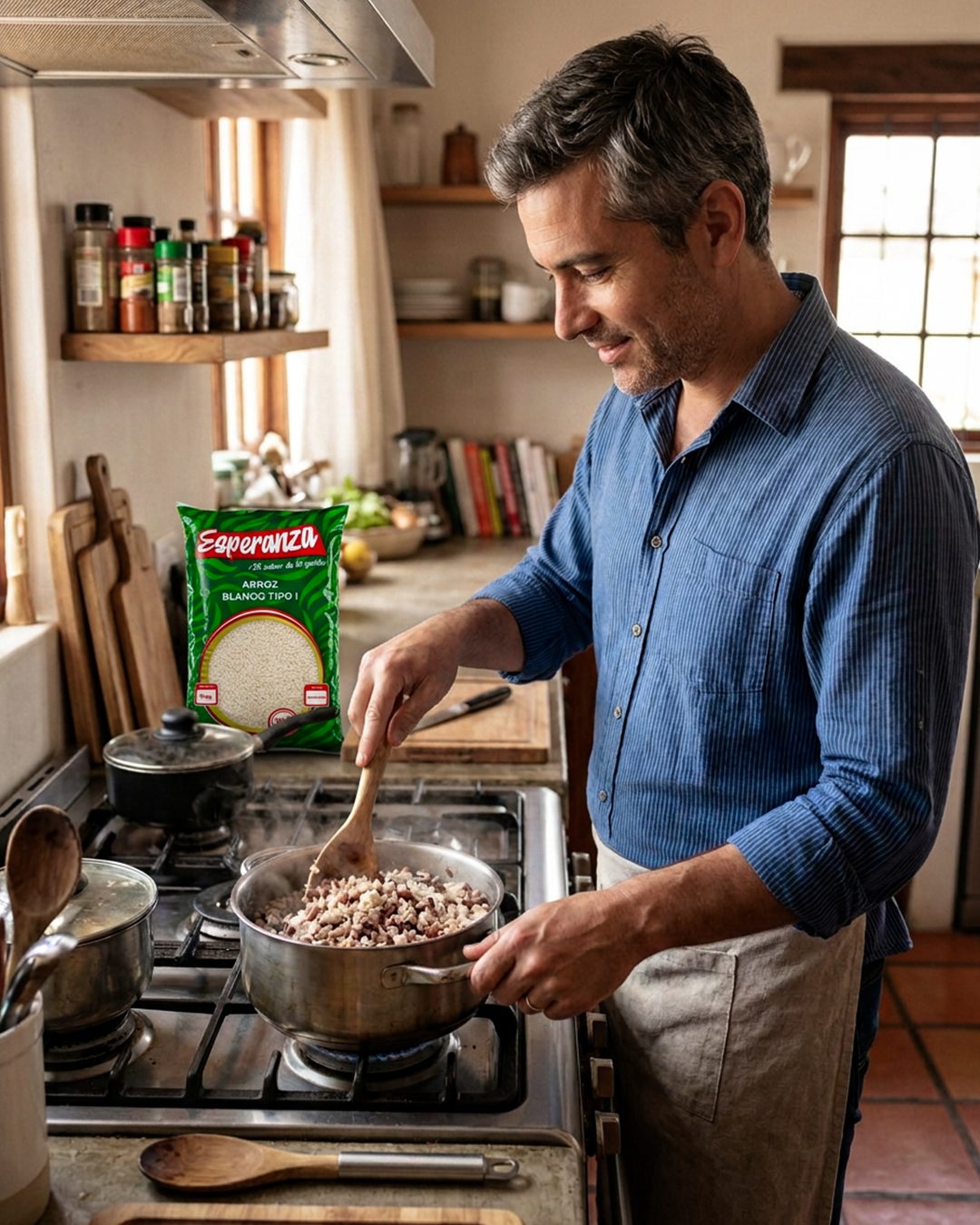 Cocinero preparando un guiso junto al empaque de Arroz Blanco Tipo 1 Esperanza