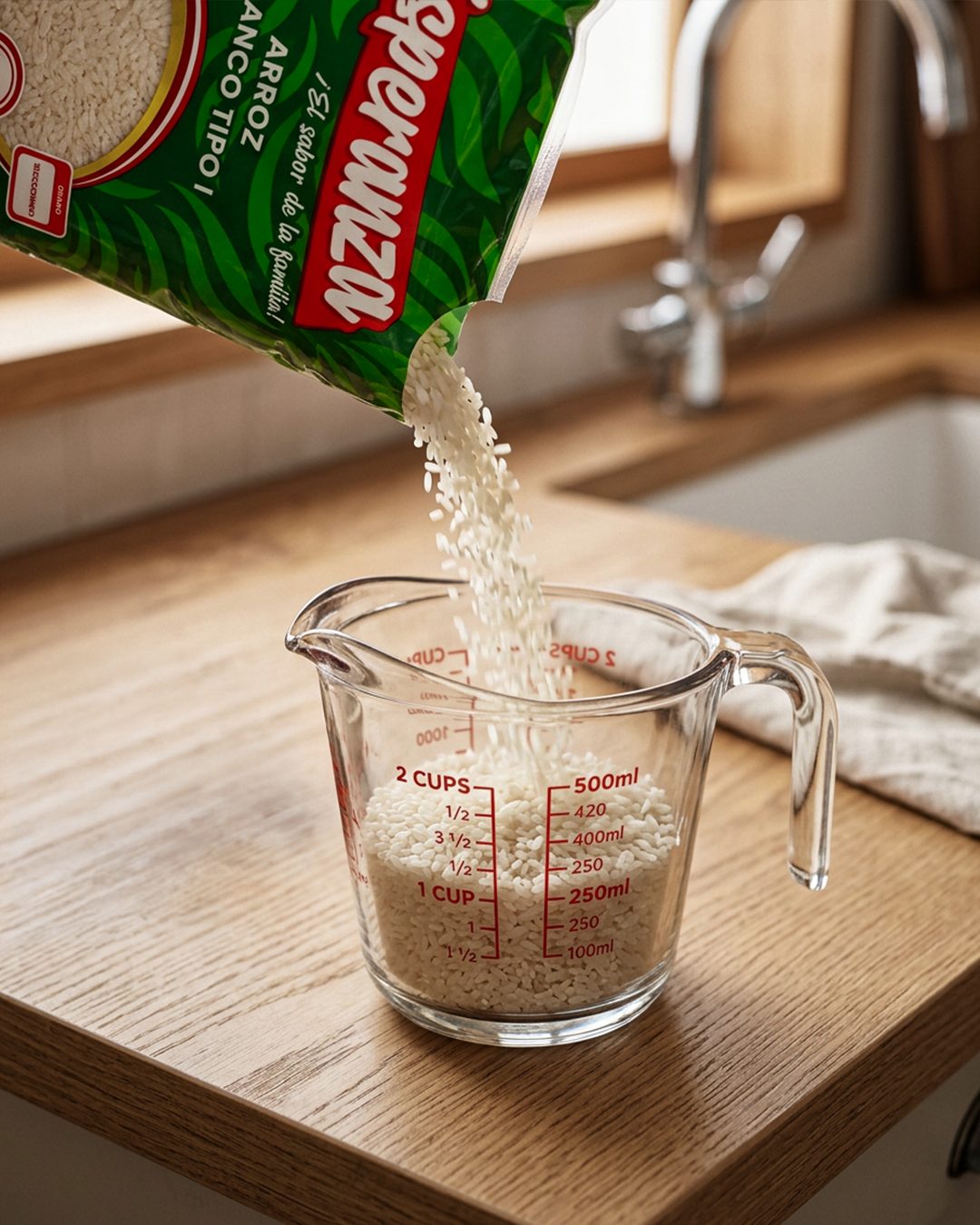Arroz Blanco Tipo 1 Esperanza cayendo del empaque de 900 g a una jarra medidora