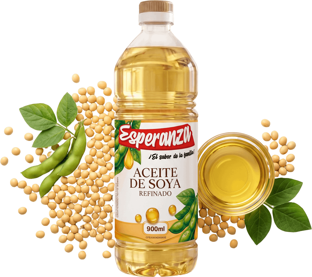 Aceite de Soya Refinado 900 ml junto a su materia prima