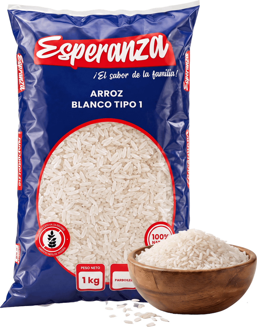 Arroz Blanco Tipo 1 1 kg junto a su materia prima