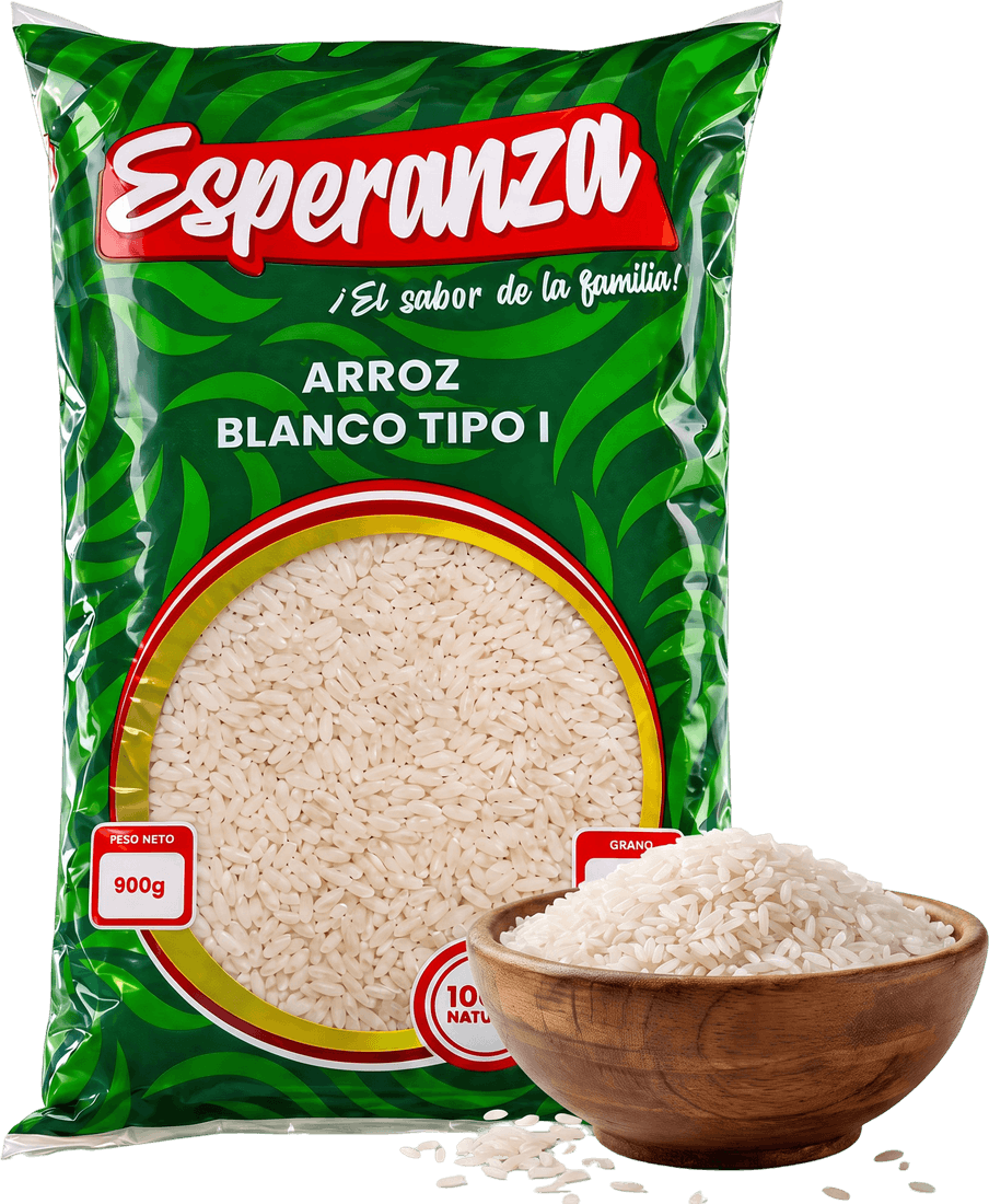 Arroz Blanco Tipo 1 900 g junto a su materia prima